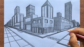 How to Draw using Two Point Perspective Draw a Town Stepbystep [upl. by Noizneb]