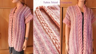 Tuto tricot gilet Femme sans manches point mousse et bandes ajourées taille 38 40  4244  4648 [upl. by Randa]