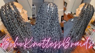 How To Boho Knotless Box Braids With Human Hair Curls  Hair Detals  How Many Pieces Added [upl. by Billie]