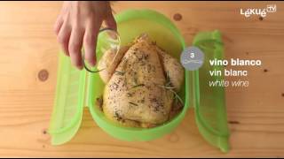 Lékué TV  How to microwave a chicken in the Deep Steam Case [upl. by Paymar31]