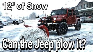 Jeep Wrangler plowing a FOOT of SNOW BOSS HTX V PLOW Part 1 [upl. by Small]