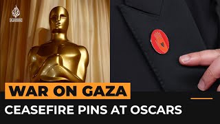 Celebrities at Oscars wear red pins to support Gaza ceasefire calls  Al Jazeera Newsfeed [upl. by Imrots725]