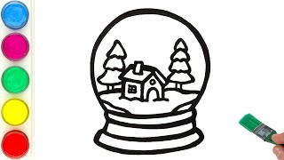 Snow Globe Drawing Coloring for Kids Toddlers  Lets Draw and Paint Together Christmas Scene [upl. by Ahsiekin118]