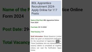 BDL Apprentice Recruitment 2024 Apply Online for 117 Posts [upl. by Ydniw]