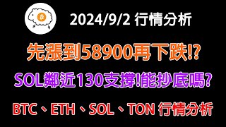 先漲到58900再下跌 SOL鄰近130支撐能抄底嗎 20240902 BTC、ETH行情分析建議15倍速 [upl. by Verda]