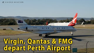 Virgin VHVNR Qantas VHVXN amp FMG VHFMG depart RW03 at Perth Airport [upl. by Amorita484]