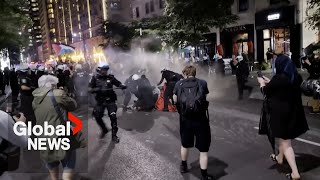 Montreal police clash with proPalestinian protesters following dismantling of McGill encampment [upl. by Ailana]