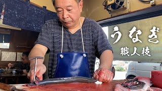 うなぎ蒲焼き。100年前から伝わる作り方。昔ながらの職人の早捌き【飯テロ】うなぎ田代の鰻丼 串打ち愛知県瀬戸市 Japanese Street Food GrilledEel Master [upl. by Fording863]