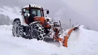 Fendt 820 in Orange Tractor beside the country road heavy snow wall [upl. by Ayhdiv]