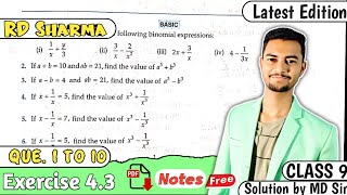 Ex 43 Q1 to Q10  RD Sharma Class 9 Chapter 4 Algebraic Identities  MD Sir 9 [upl. by Inalak]