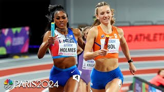 Femke Bol vs Alexis Holmes anchor leg duel decides tight 4x400 final at Indoor Worlds  NBC Sports [upl. by Enelyw194]