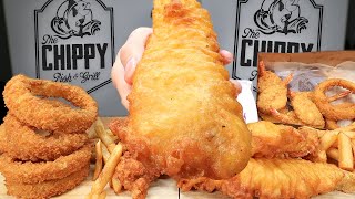 MUKBANG EATING CRISPY Fish And Chips Onion Rings FRIED Shrimp From The Chippy Fish amp Grill [upl. by Haziza]