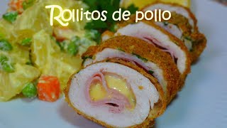 Rollitos de pollo rellenos con jamón y queso FÁCIL cordon bleu [upl. by Ernestus175]