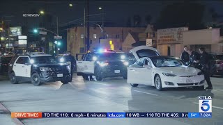 Chase involving stolen Tesla ends when battery runs out [upl. by Cuttler]