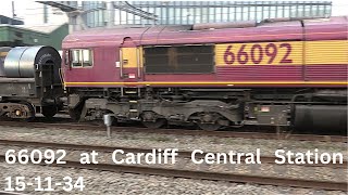 66092 EWS Livery Class 66 with steel coils Margam to Llanwern at Cardiff Central 151124 [upl. by Alhan]