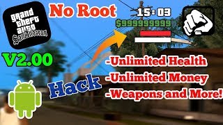 GTA San Andreas v200 Android CheatHackUnlimited HealthMoneyWeaponsNo ROOT [upl. by Enilekcaj]