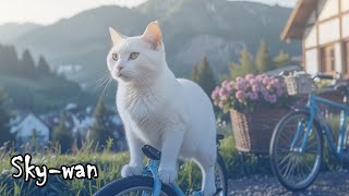 A white cat rides a bicycle walking along the mountainside house in the morning   skywan [upl. by Adiazteb]