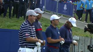 On the First Tee Tiger WoodsPatrick Reed v Francesco MolinariTommy Fleetwood  2018 Ryder Cup [upl. by Ayikan750]