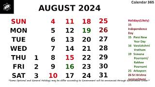 August 2024 Calendar with Holidays  India 📅 Calendar 365 📅 [upl. by Shaffert]