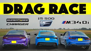 Bloodbath Showdown BMW M340i vs Lexus IS500 vs Dodge Charger SuperBee Widebody – Drag amp Roll Race [upl. by Alrak]