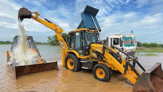 Washing with Fun JCB 3dx Eco  Kirlosker JCB Backhoe and Tata Truck Washing in Village Pond [upl. by Asamot793]