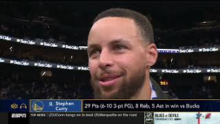 Steph Curry Courtside Interview  Golden State Warriors beat Milwaukee Bucks 12590 [upl. by Erotavlas]