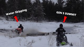 MOUNTAIN SLED WATER SKIPPING  WHEELIES  JUMPS  GEN 5 SKIDOO 850 SUMMIT [upl. by Goodman256]