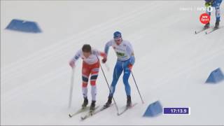 Iivo Niskanen crash with Norway Emil Iversen Mens Team Sprint VM Lahti 2017 [upl. by Lyrradal]