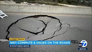 Large sinkhole closes 405 Freeway offramp in Sepulveda Pass for up to a month [upl. by Kara-Lynn]