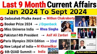 Last 9 Months Current Affairs 2024  January 2024 To September 2024  Important Current Affairs 2024 [upl. by Aitat]