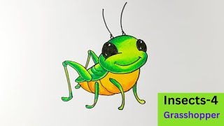 Grasshopper drawing tutorial for kids How to draw Grasshopper Easy Insects drawing  Insects4 [upl. by Conover]