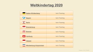 Weltkindertag 2020  Datum  Feiertage Deutschland 2020 [upl. by Yddur]