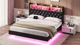 Sikaic LED Floating Bed Frame With Storage Headboard amp Charging Station Black [upl. by Seuqram]