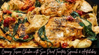 Creamy Tuscan Chicken with Sun Dried Tomatoes Spinach amp Artichokes Recipe  ThymeWithApril [upl. by Wystand]