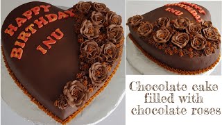 Chocolate cake filled with chocolate roses  How to icing chocolate cake easily  How to icing roses [upl. by Irtemed]