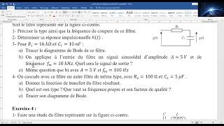 Exercice Corrigé N°3 Filtres Analogique traitement du Signal [upl. by Adnerb]