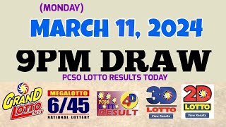 Lotto Result Today 9pm draw March 11 2024 655 645 4D Swertres Ez2 PCSOlotto [upl. by Annotahs894]