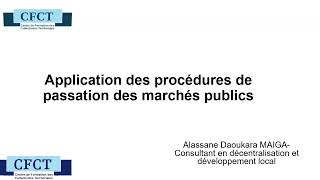 CFCT Cours  Application des procédures de passation des marchés public [upl. by Ezitram648]