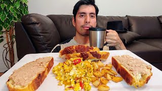 EGGS POTATOES BEEF PORK PATE WITH CHEDDAR CHEESE BREAD BREAKFAST MUKBANG EATING SHOW [upl. by Hayikat]