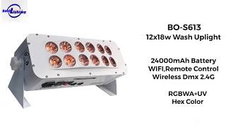 BOS613 12x18W RGBWAUV wireless dmx Battery Wash uplights with WIFI Remote control [upl. by Orutra11]