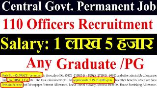 CENTRAL GOVT PERMANENT VACANCY 2024  110 OFFICERS VACANCY  SALARY 1 LAAKH 5000  ANY GRADUATE [upl. by Dilisio]