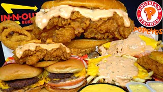 ASMR MUKBANG ANIMAL STYLE INNOUT BURGERS POPEYES CHICKEN amp FRIES  WITH CHEESE amp ONION RINGS [upl. by Saitam904]