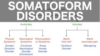 Somatoform Disorders Somatic Symptom Conversion Illness Anxiety Factitious Malingering [upl. by Koziel]