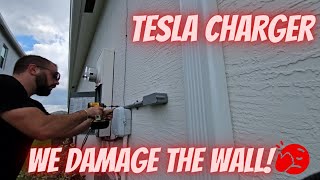 Installation of tesla wall charger we damage the wall Simon Electric [upl. by Eytak579]