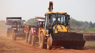 JCB 3dx Loading Red Mud in Swaraj 744  Mahindra Arjun Novo 605 and Tata 2518 Truck [upl. by Melcher]