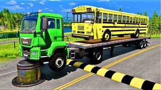 Flatbed Trailer Truck Potholes Transport Car Portal Trap Rescue  Cars vs Speed Bumps  BeamNGdrive [upl. by Seldan]