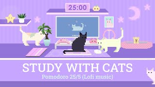 Study with Cats 💜 Pomodoro 255 x Animation  Focus 1 hour with Calm Lofi  Cute purple desk setup ♡ [upl. by Tristas]