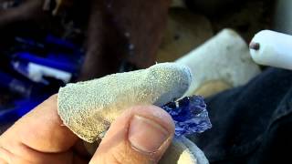 209  Bottle Bottom Knapping  Indirect Percussion on Blue Glass Arrowhead Part 2 [upl. by Oniuqa]