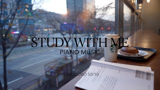 4K STUDY WITH ME 📘  POMODORO 📖 5010  STARBUCKS ☕️  1 HOUR ⏰  Piano music 🎹 [upl. by Atikin]