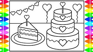 How to Draw Cake with Hearts for Kids 🎂💜💖❤️Cake Drawing and Coloring  Valentines Day Cake [upl. by Okubo]